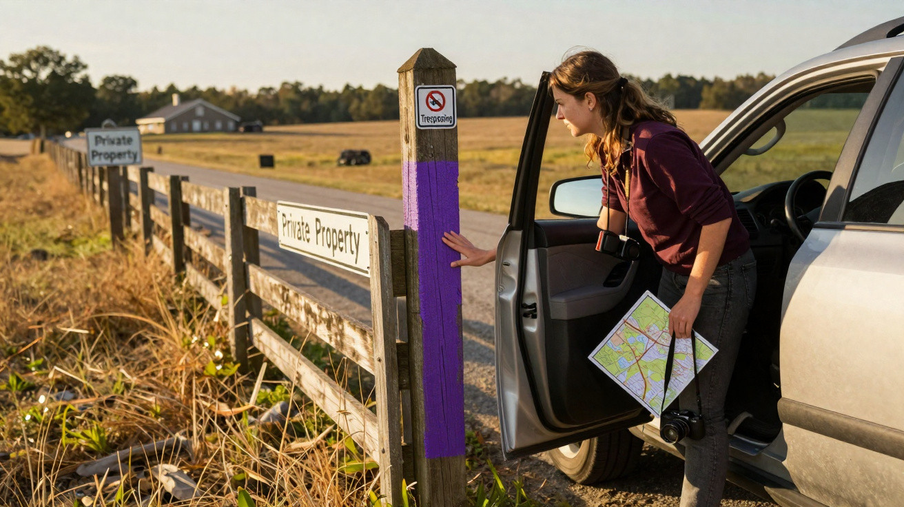 Mulher com mapa e câmera prova carteira perto de placa "Propriedade Privada" em área rural com carro cinza aberto.
