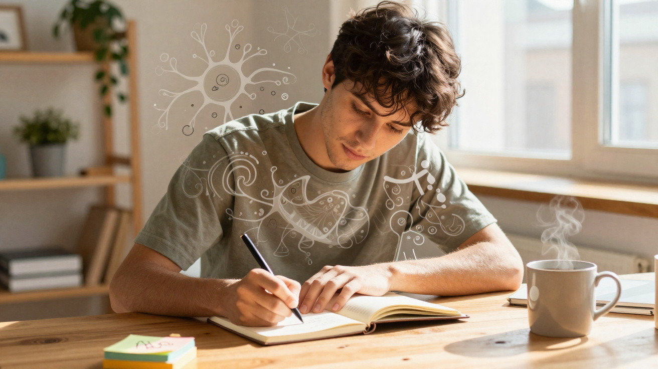 Jovem escrevendo em caderno sobre mesa de madeira com café quente e desenhos de neurônios ao redor.