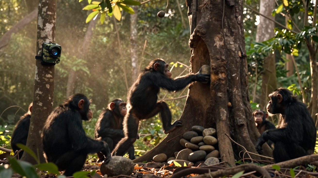 Filhotes de chimpanzé em floresta usam pedras para abrir nozes junto a uma árvore.