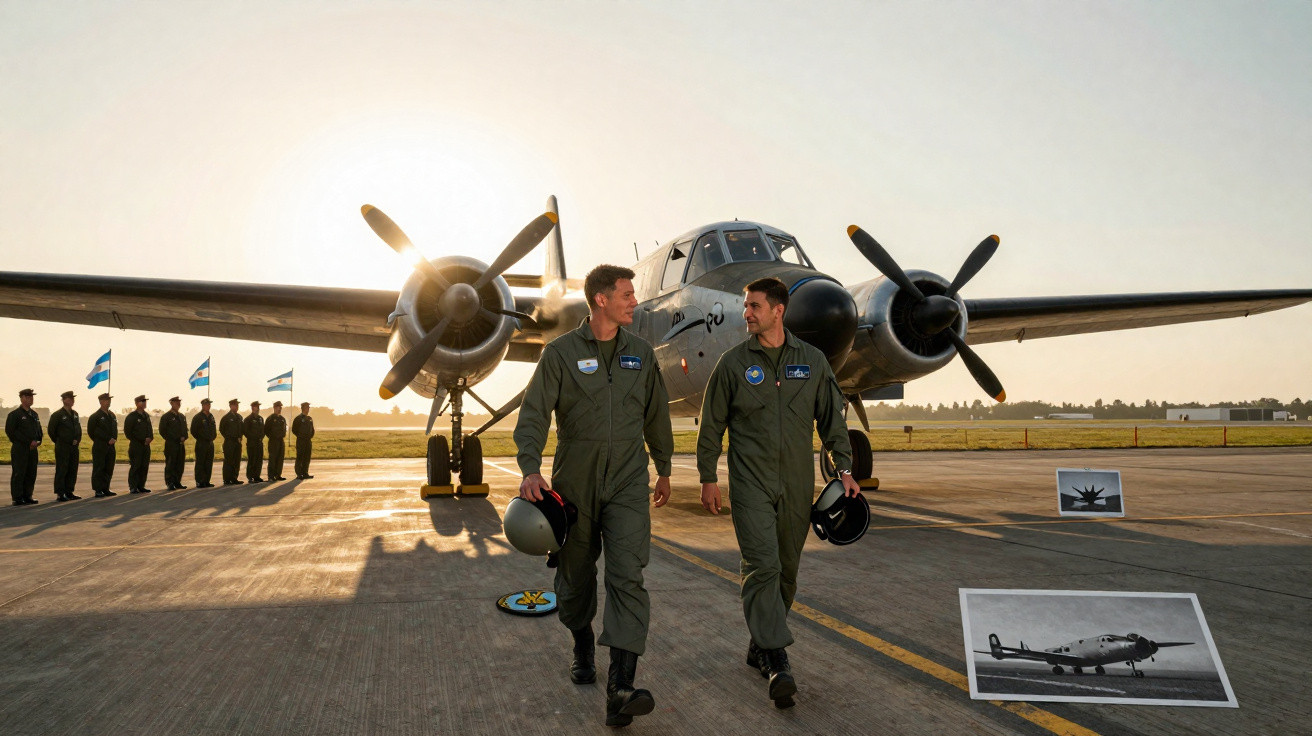 Dois pilotos militares caminham em pista ao pôr do sol próximos a avião bimotor antigo, com grupo de soldados ao fundo.