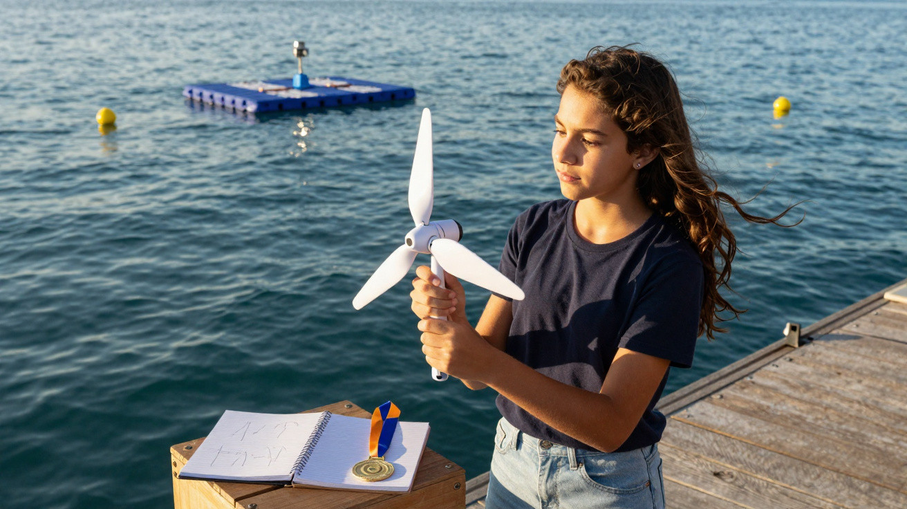 Menina segura modelo de turbina eólica perto do mar em um píer de madeira ao entardecer.