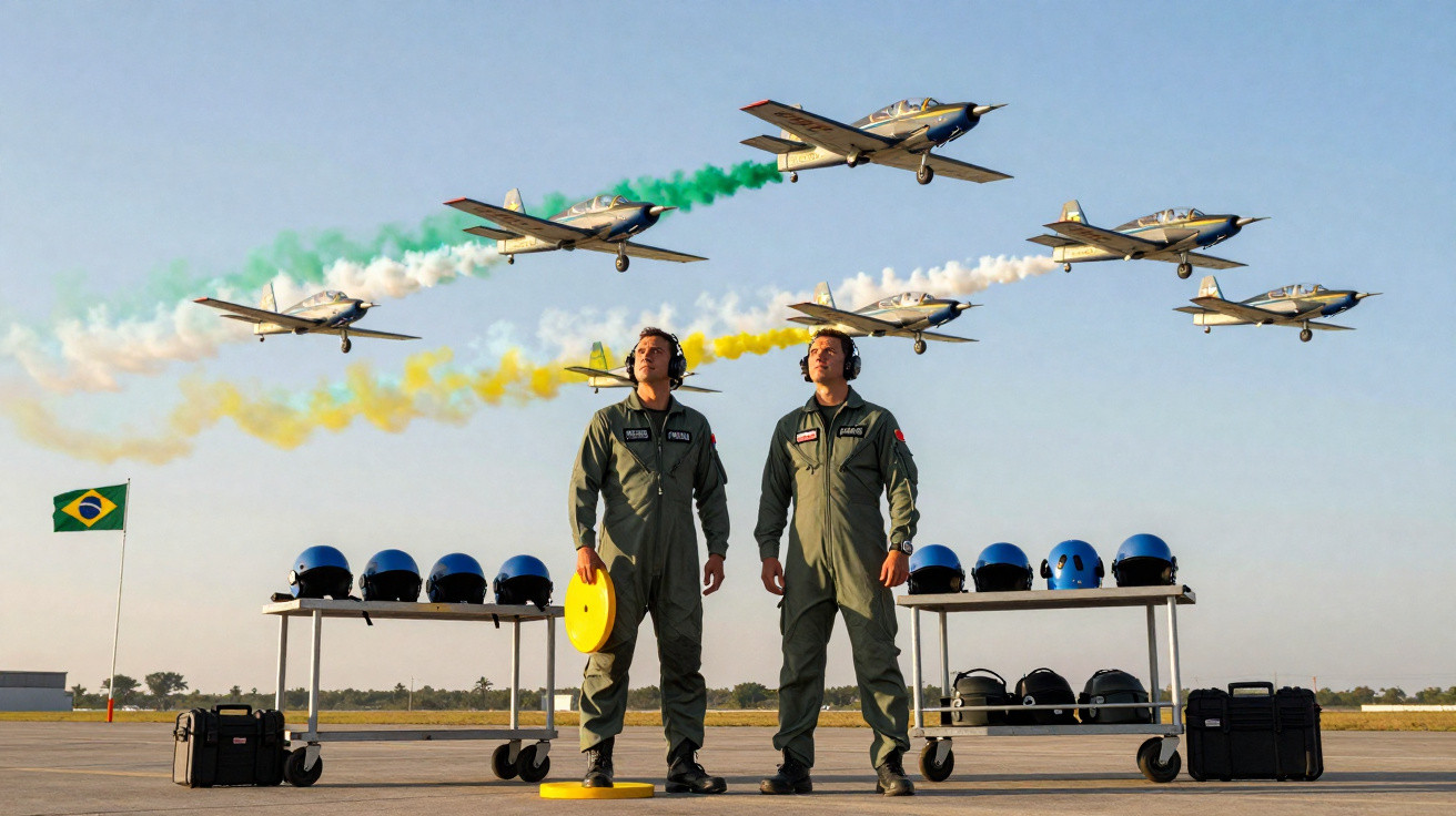 Dois pilotos em uniforme na pista assistem seis aviões de acrobacia aérea espalhando fumaça nas cores da bandeira do Brasil.