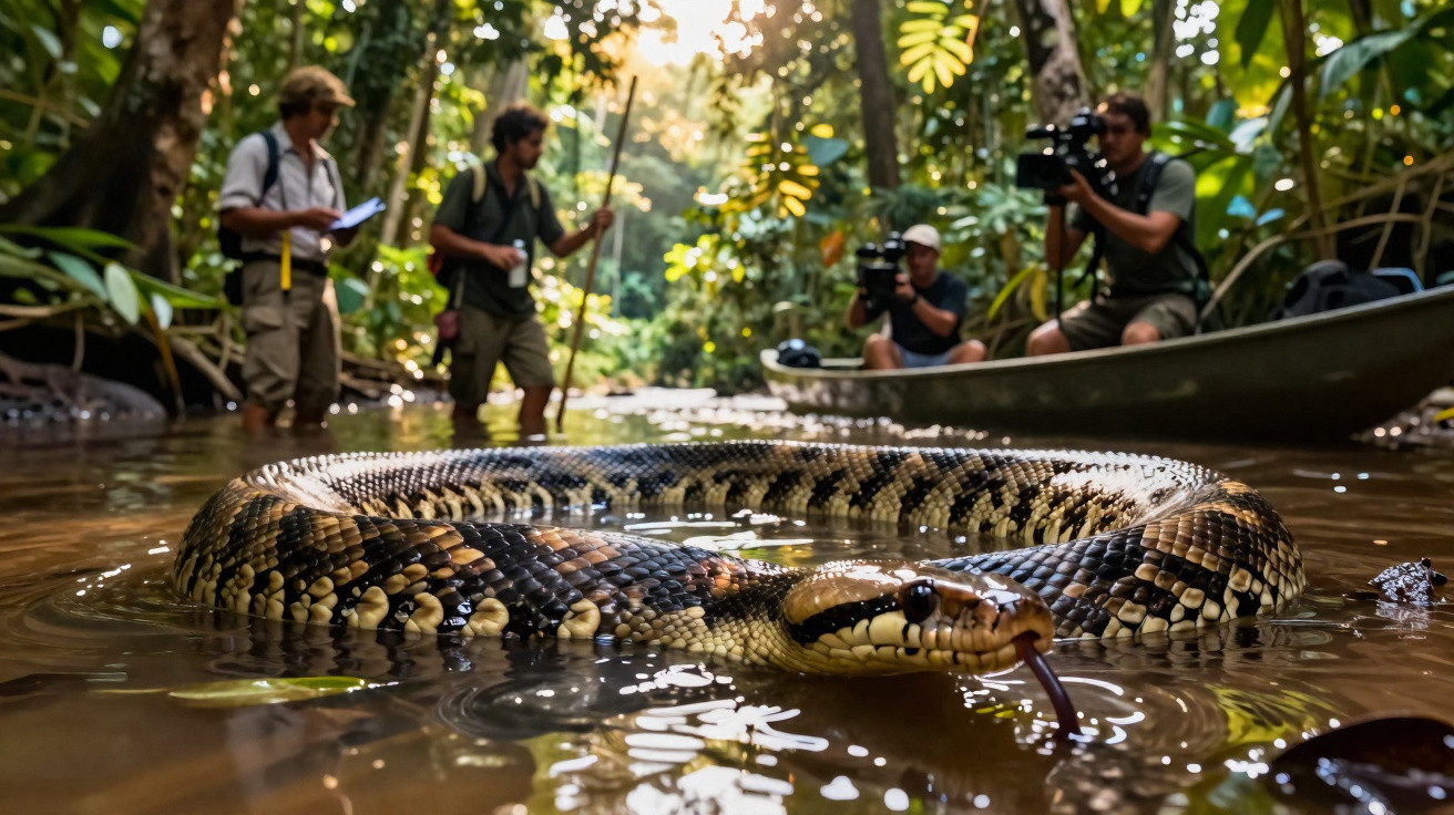 Cobra grande nadando em rio na floresta, com quatro homens observando e filmando ao fundo.