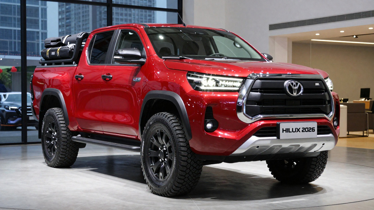 Picape Toyota Hilux 2026 vermelha em exposição interna com pneus robustos e bagagem na caçamba.