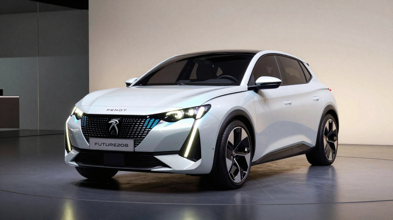 Carro elétrico Peugeot Future 208 branco em exibição interna com faróis acesos.