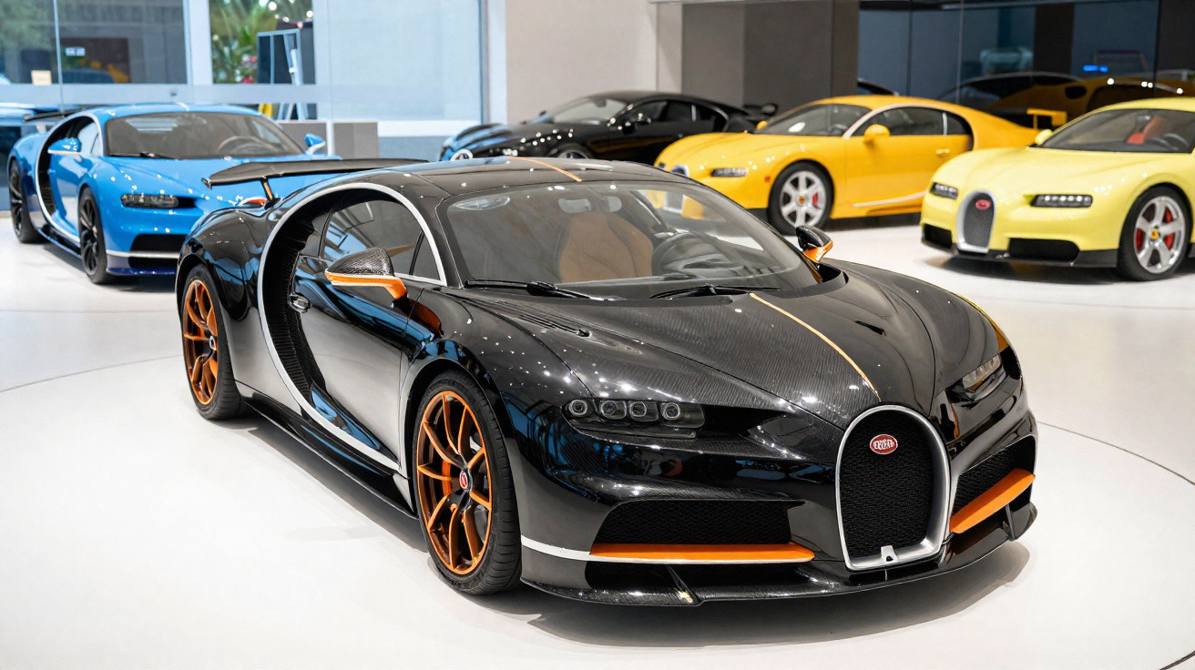 Carros esportivos Bugatti em exposição, destaque para modelo preto com detalhes em laranja.