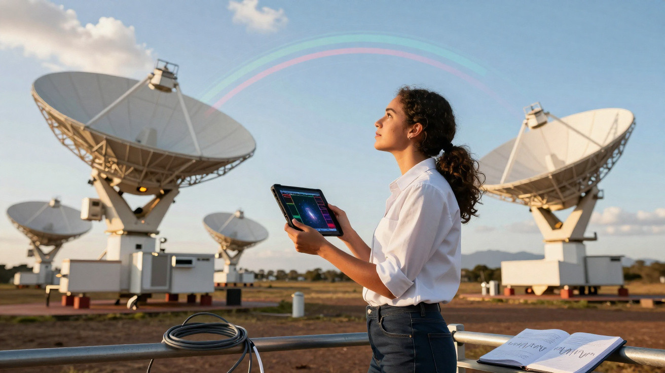Mulher segurando tablet em campo com antenas parabólicas sob céu azul ao entardecer.