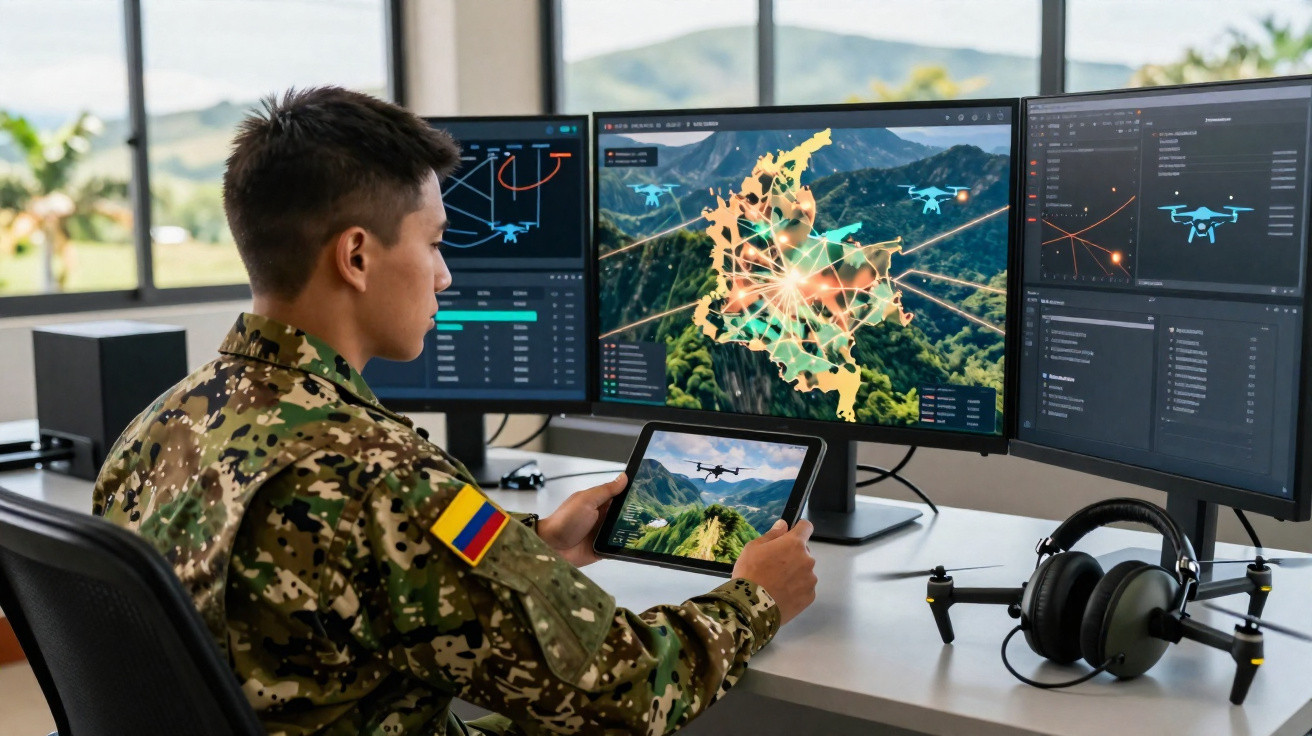 Militar operando controle de drones com múltiplos monitores exibindo mapas e dados estratégicos.