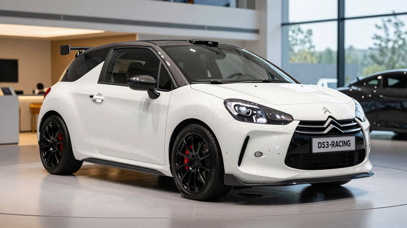 Carro esportivo branco Citroën DS3 Racing em exposição dentro de showroom moderno.