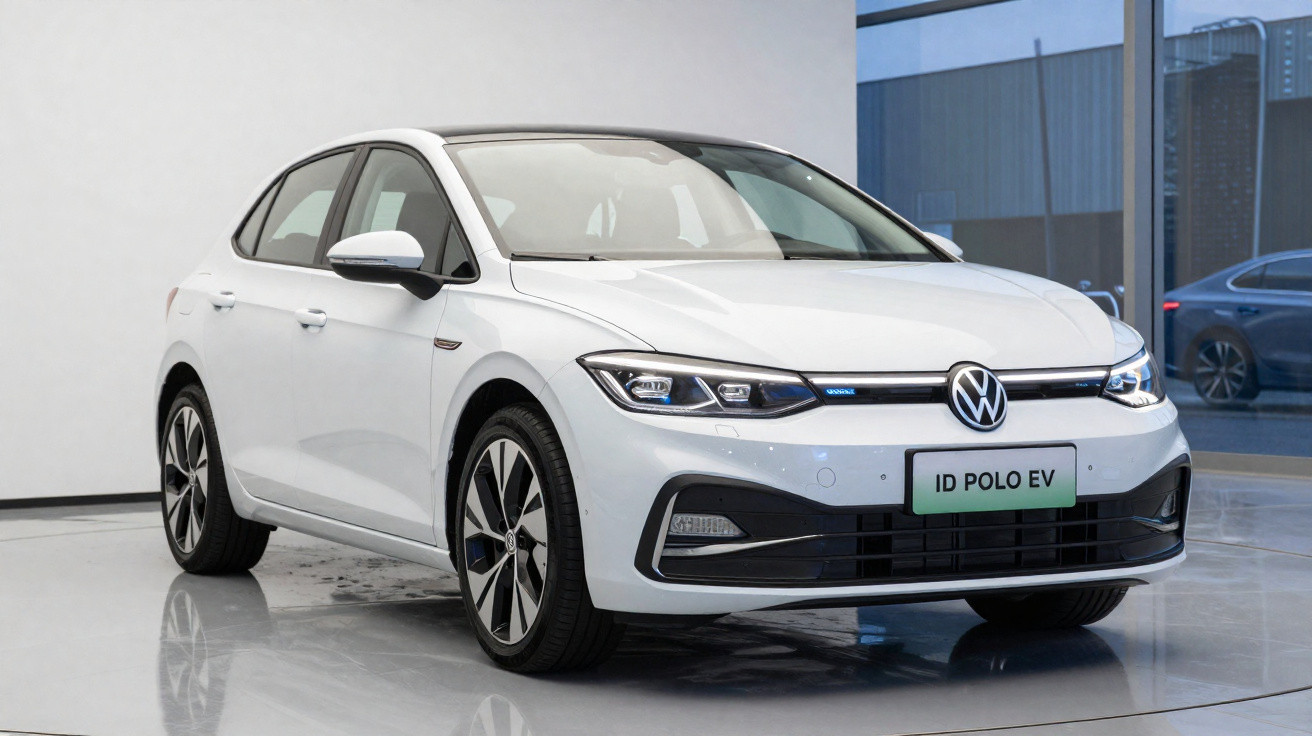 Carro elétrico branco Volkswagen ID Polo EV exibido em showroom com piso refletivo.