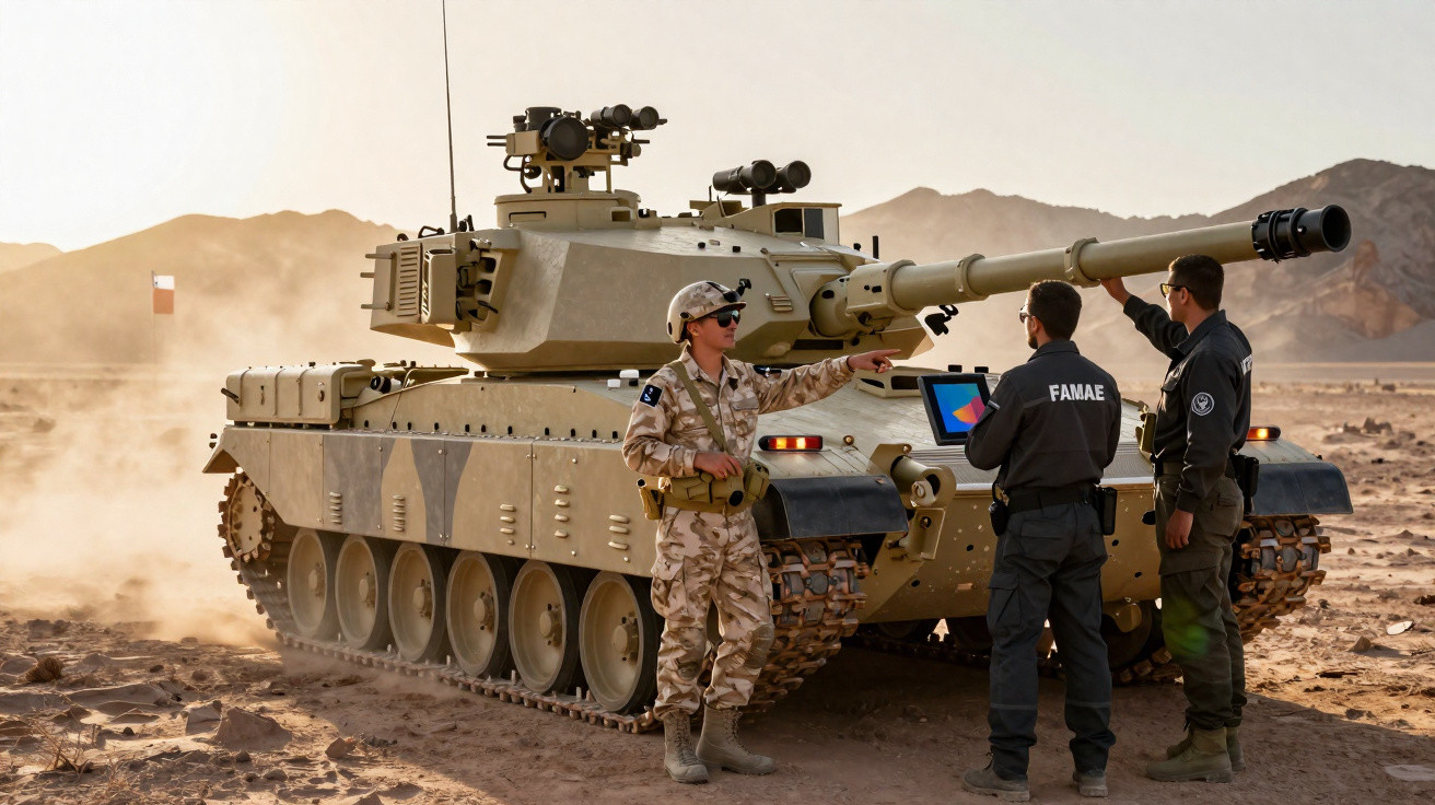 Tanque militar em deserto com três soldados ao redor, um com tablet monitorando operação.