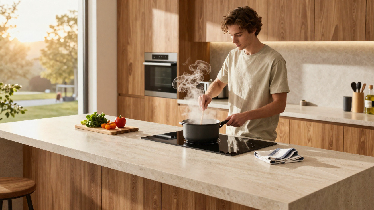Jovem cozinhando em uma panela com vapor em cozinha moderna de madeira ao entardecer.