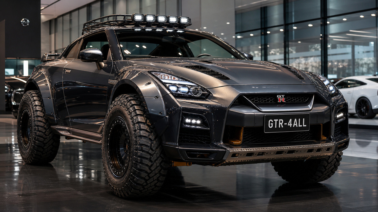 Carro esportivo Nissan GT-R modificado para off-road com pneus grandes e luzes extras no teto.