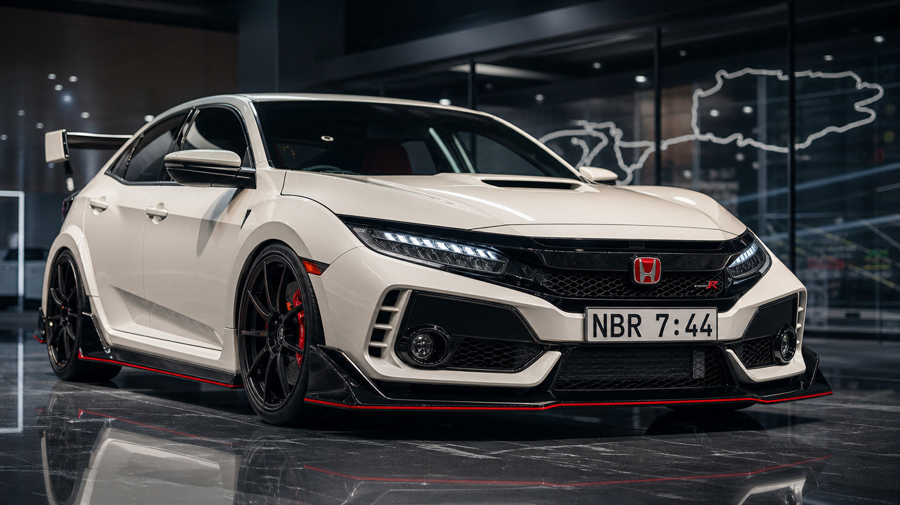 Carro esportivo branco Honda Civic Type R estacionado em ambiente interno moderno com iluminação suave.