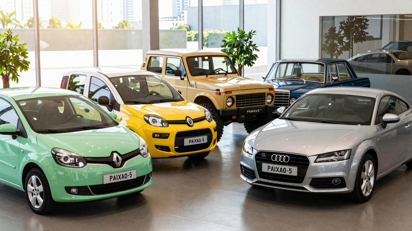 Showroom com carros de diferentes modelos e cores estacionados, incluindo Renault e Audi.