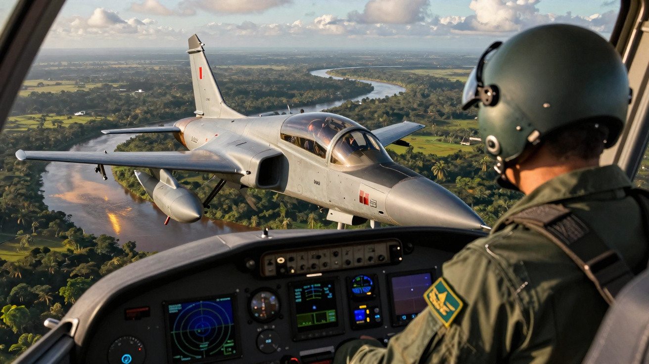 Caça A-29 Super Tucano voando próximo ao helicóptero com piloto da Força Aérea Brasileira no interior.