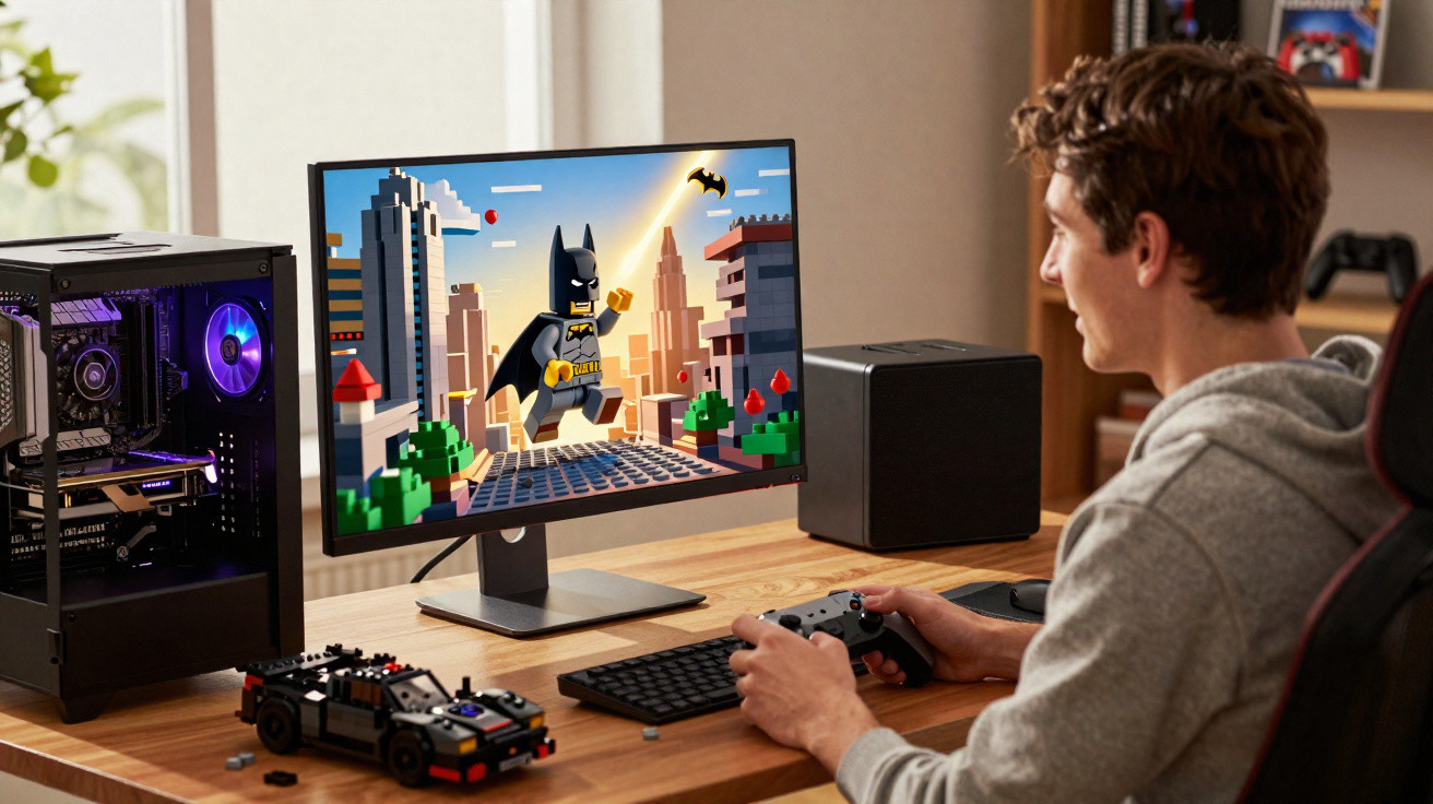Jovem jogando videogame LEGO Batman em computador com controle, em mesa com PC e carrinho LEGO.