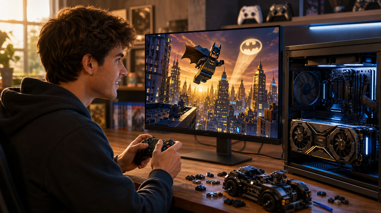 Jovem jogando videogame de Lego Batman em PC com controle, com peças de Lego e Batmóvel na mesa.