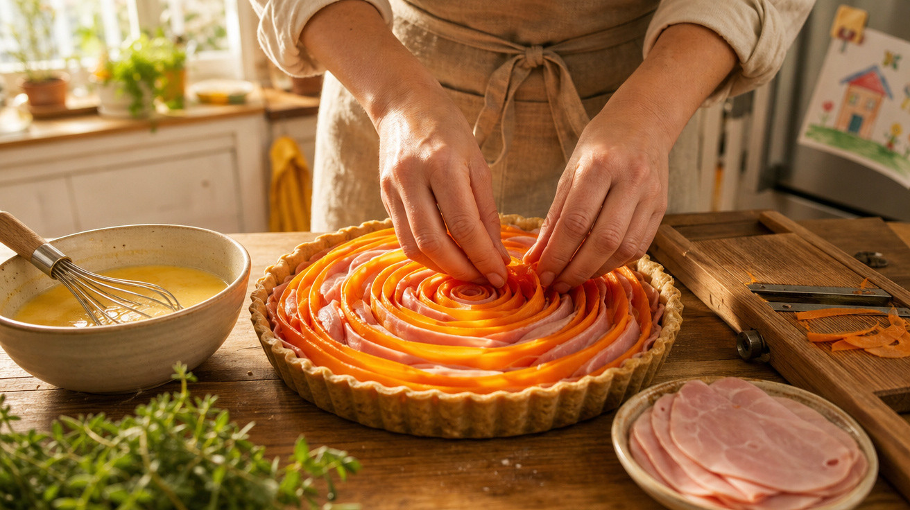 Pessoa preparando torta salgado com fatias de presunto e cenoura em cozinha iluminada.