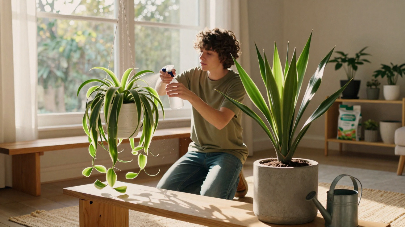 Pessoa regando plantas em vaso dentro de casa, em ambiente iluminado por luz natural.