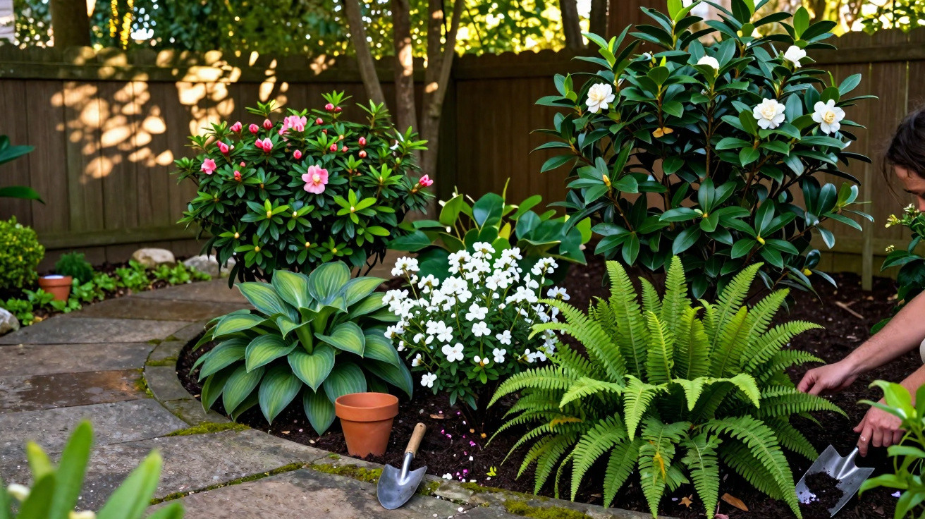 Jardim com diferentes plantas, flores coloridas e pessoa cuidando do solo com pá e enxada.