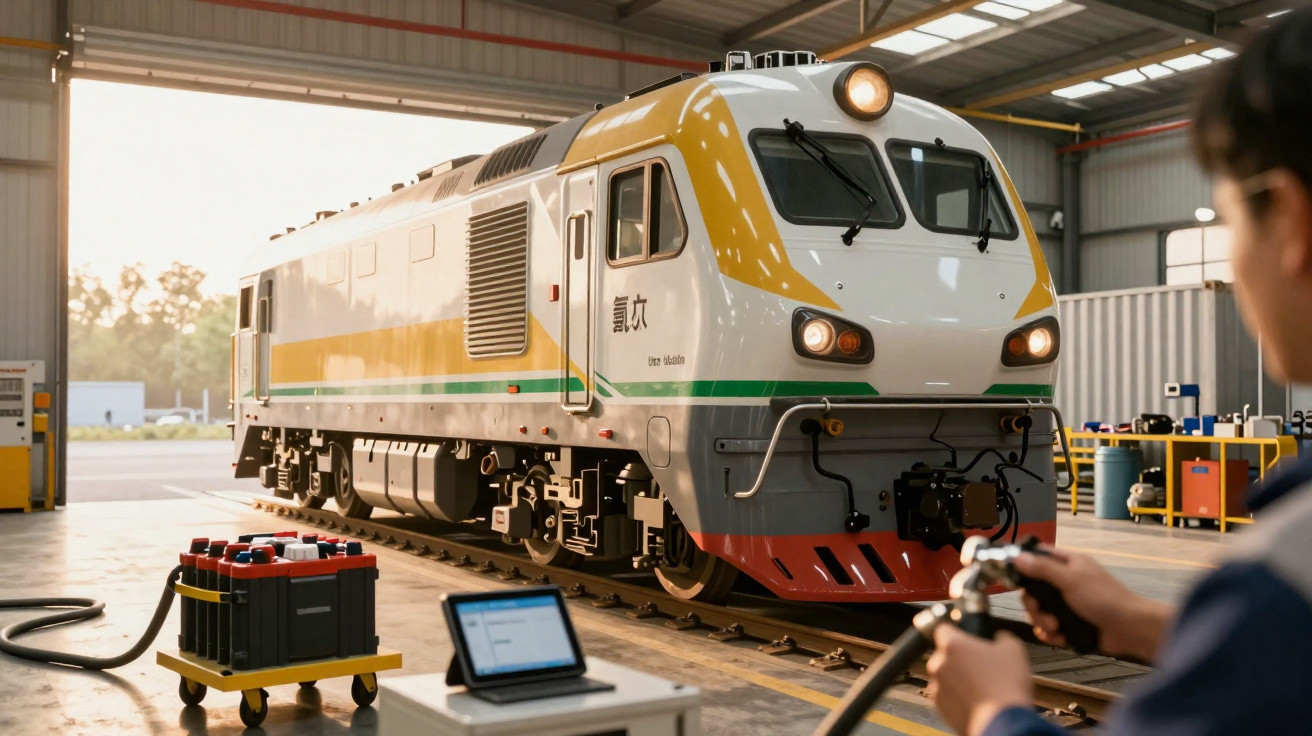 Trem branco com detalhes amarelo e verde sendo testado em oficina com técnico segurando controle remoto.