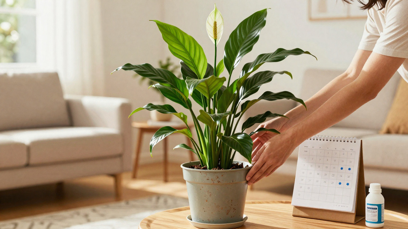 Pessoa cuidando de planta em vaso sobre mesa de madeira em sala de estar aconchegante.