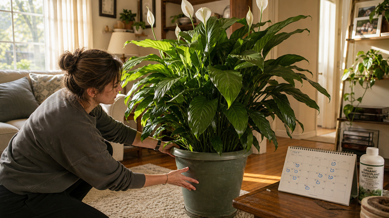 Mulher cuidando de planta grande em vaso dentro de sala iluminada, com calendário e fertilizante na mesa próxima.