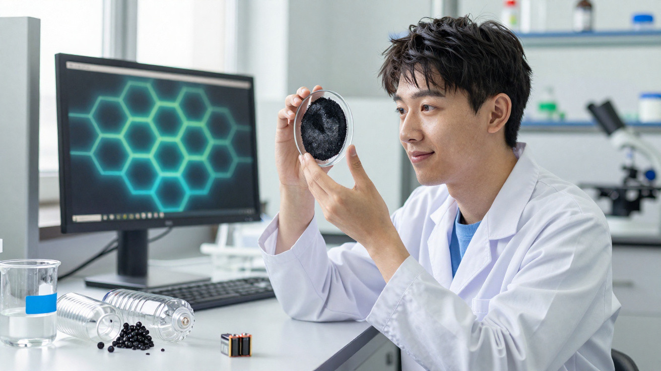 Cientista em laboratório analisando uma placa de Petri com material preto diante de computador.