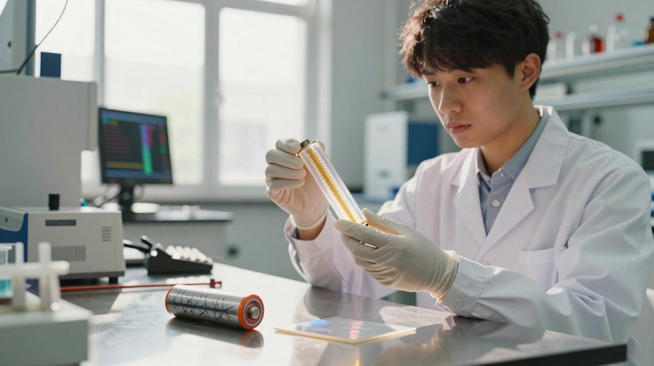 Cientista analisando bateria recarregável em laboratório moderno com equipamentos tecnológicos ao redor.