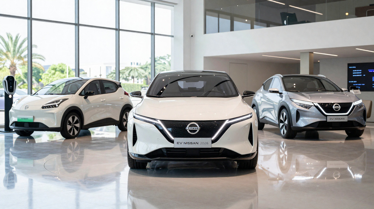 Três carros elétricos Nissan exibidos em showroom com grandes janelas e piso refletivo.