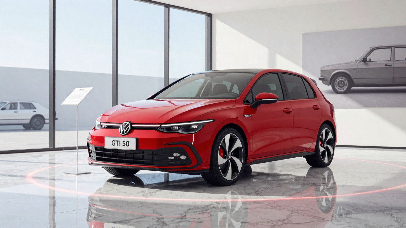 Carro vermelho Volkswagen GTI 50 estacionado em ambiente interno moderno com chão de mármore.