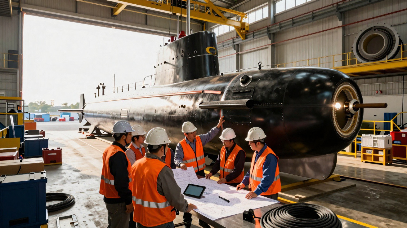 Equipe de engenheiros com coletes e capacetes reunida em frente a um submarino em hangar industrial.