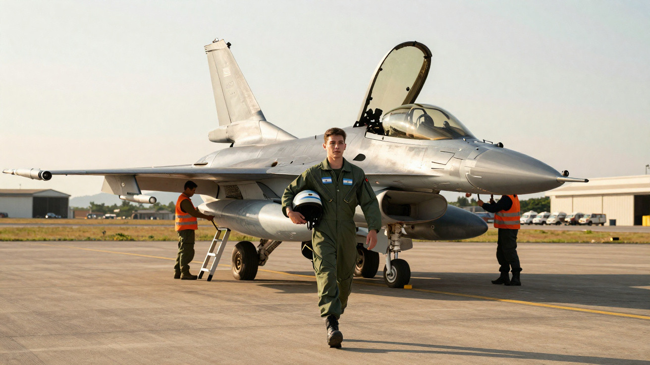 Piloto militar com uniforme verde caminha segurando capacete em frente a caça F-16 estacionado no aeroporto.