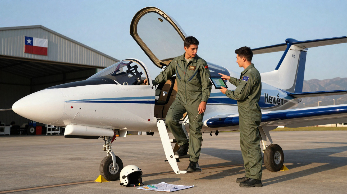 Dois pilotos em macacão verde conversam ao lado de um avião pequeno em pista de aeroporto com hangar ao fundo.