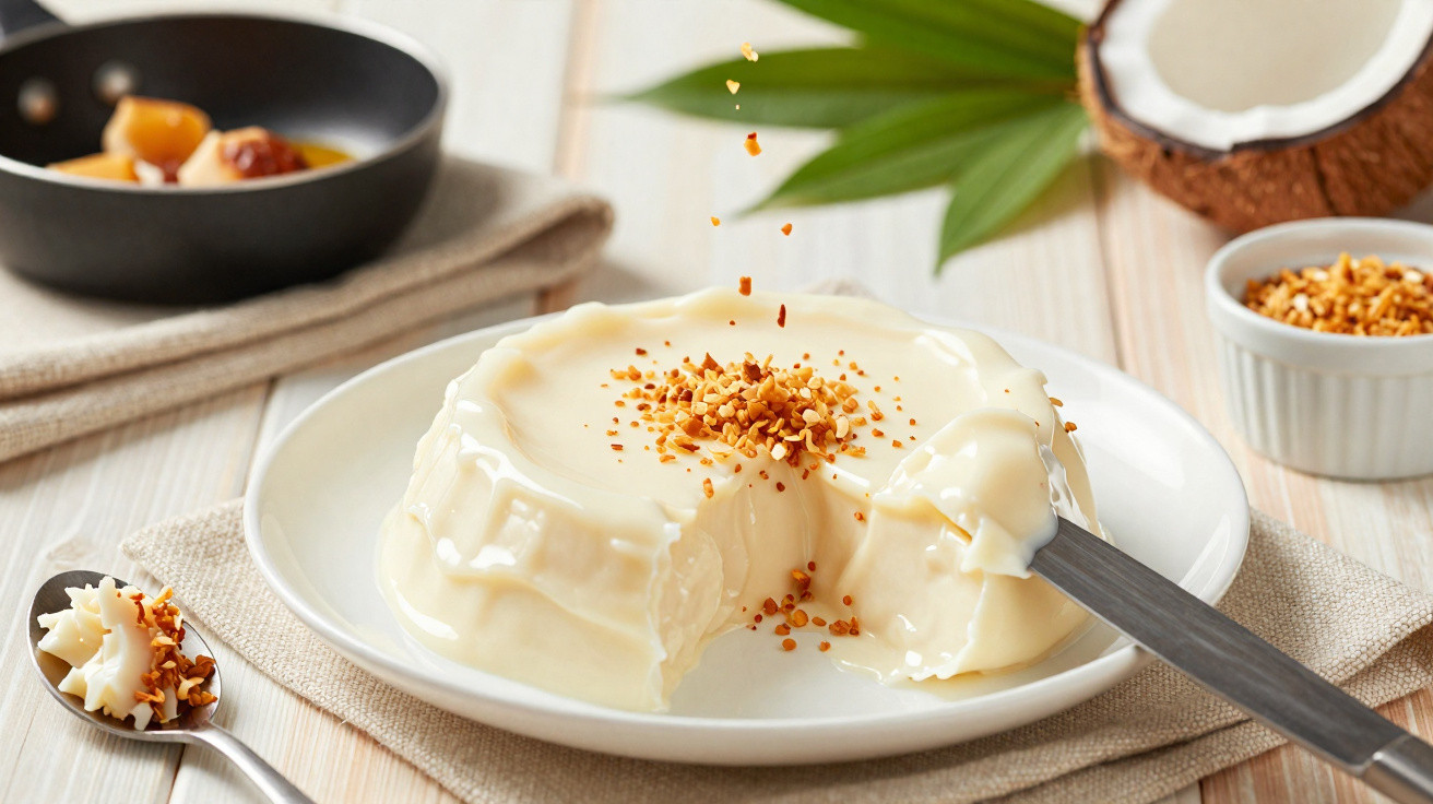 Pudim cremoso branco com crocante por cima, colher com pedaço e coco ao fundo sobre toalha bege.