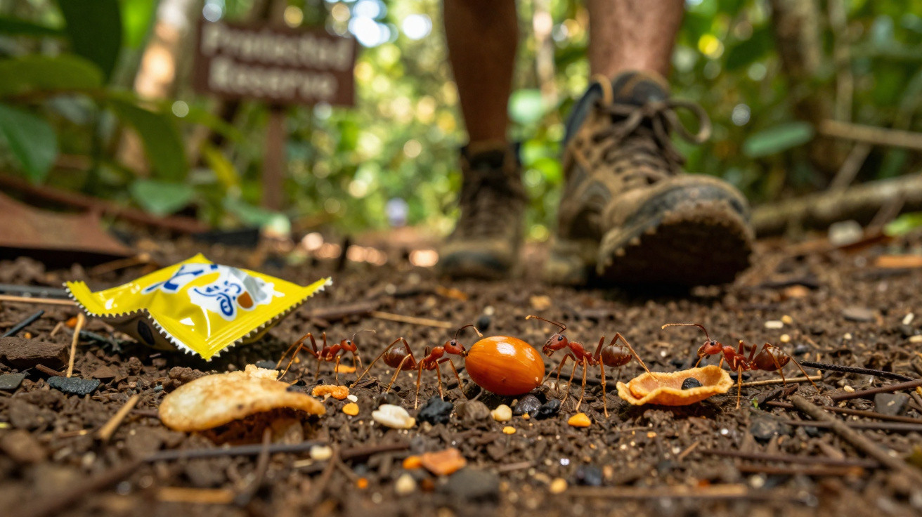 Formiga carregando uma semente no chão da floresta com pernas e botas de pessoa ao fundo.