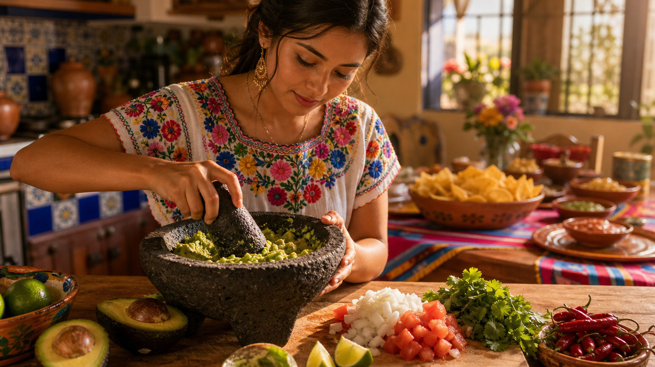Mulher preparando guacamole em almofariz na cozinha com ingredientes frescos e decoração tradicional mexicana.
