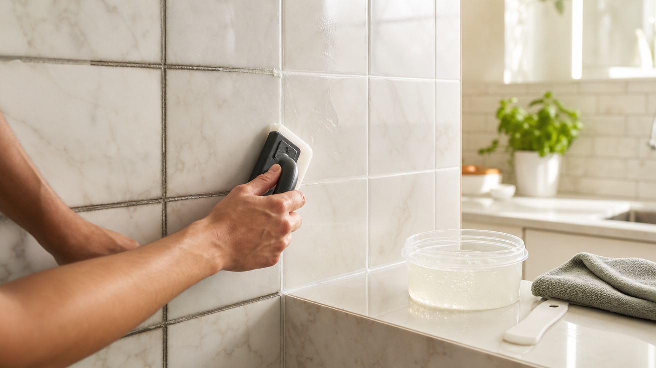 Mãos limpando rejunte de azulejos brancos com escova, ao lado de recipiente transparente e pano cinza.