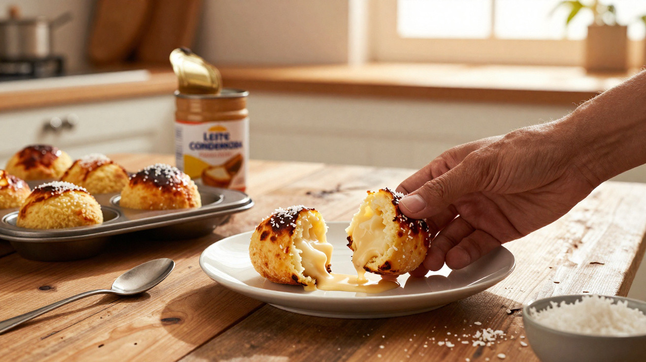Pessoa segurando pão de queijo recheado com doce de leite, ao lado de assadeira e lata de leite condensado.