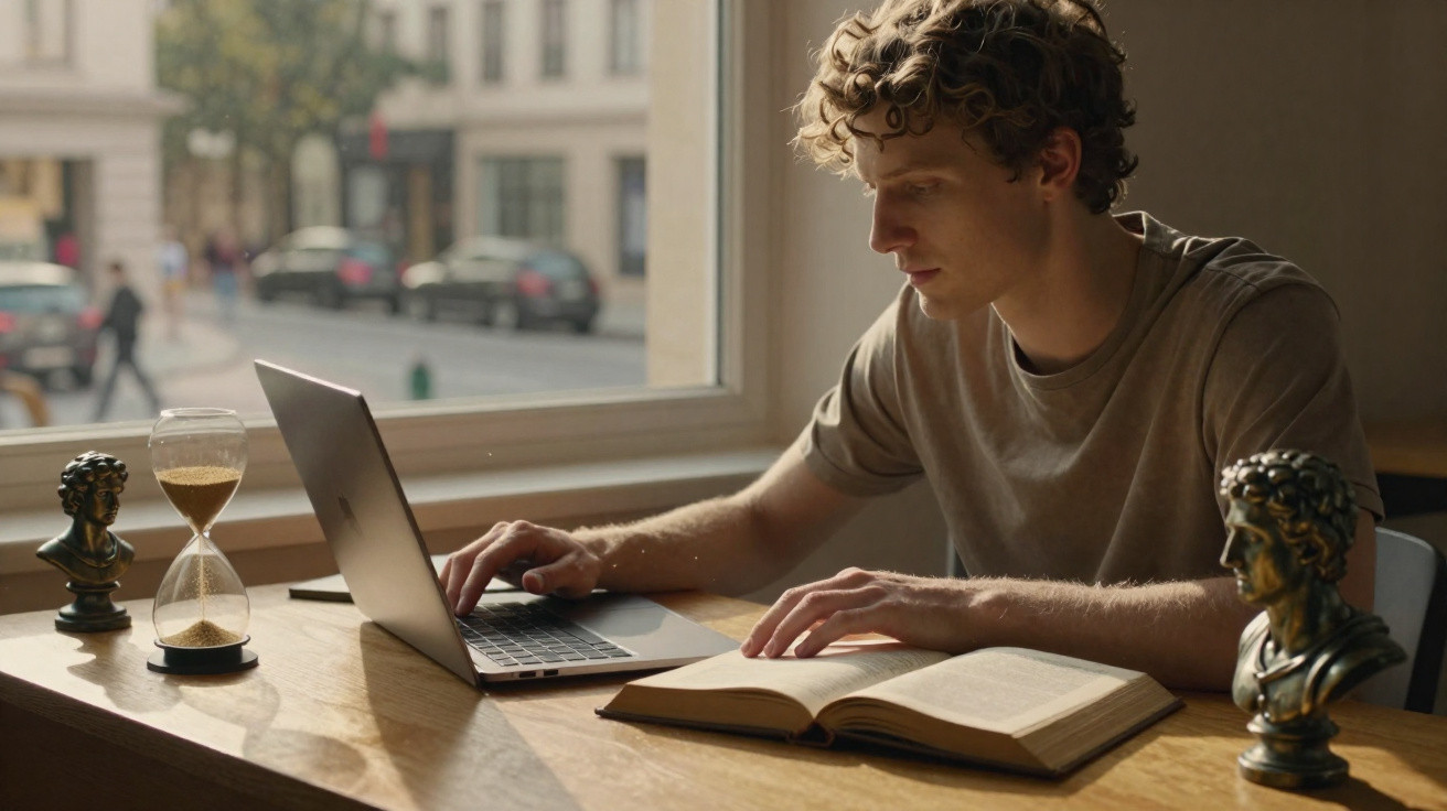 Jovem usando laptop e livro aberto em mesa de madeira com ampulheta e bustos em ambiente iluminado pela janela.