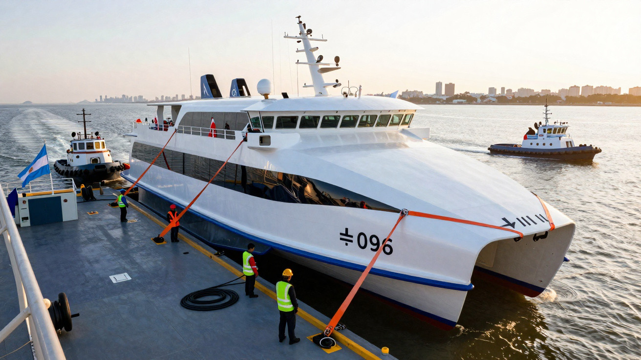 Barco catamarã branco atracado no cais com trabalhadores usando coletes refletivos e barcos de apoio ao fundo.