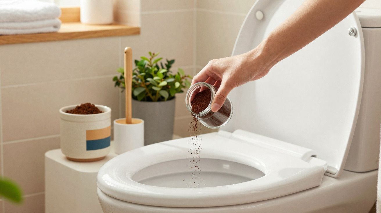 Pessoa despejando borra de café dentro da privada branca para limpeza no banheiro.
