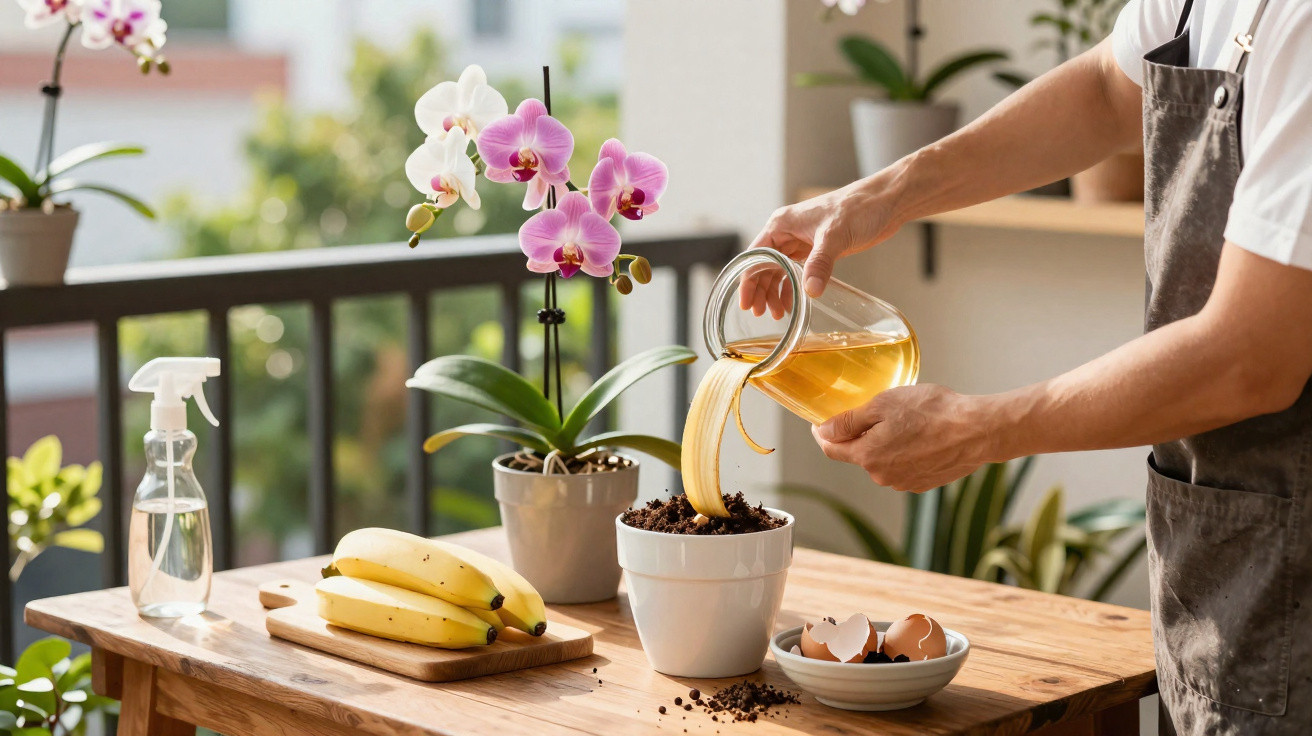 Pessoa regando planta em vaso com líquido amarelo, ao lado de orquídeas, bananas e cascas de ovo.