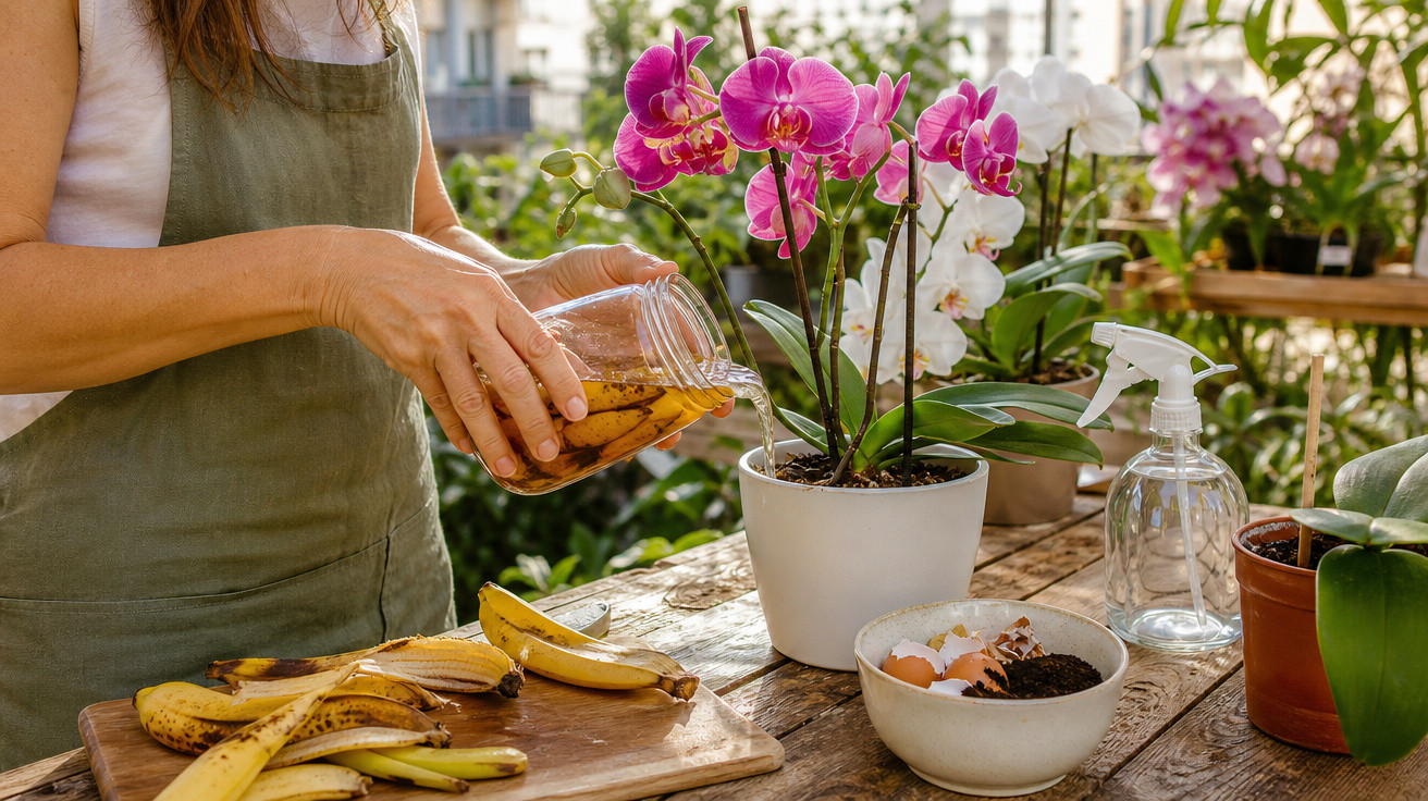 Pessoa regando orquídeas com água de banana fermentada em ambiente externo com várias plantas.