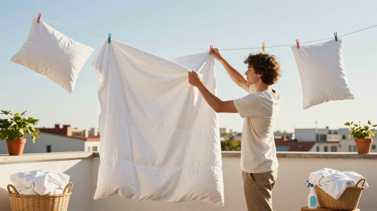 Jovem pendura roupa branca em varal ao ar livre em um terraço ensolarado.