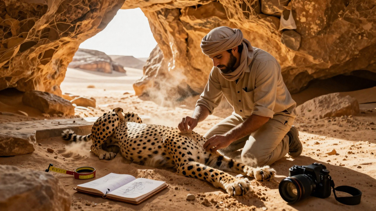 Homem com turbante examina guepardo deitado em caverna no deserto, com caderno e câmera ao lado.