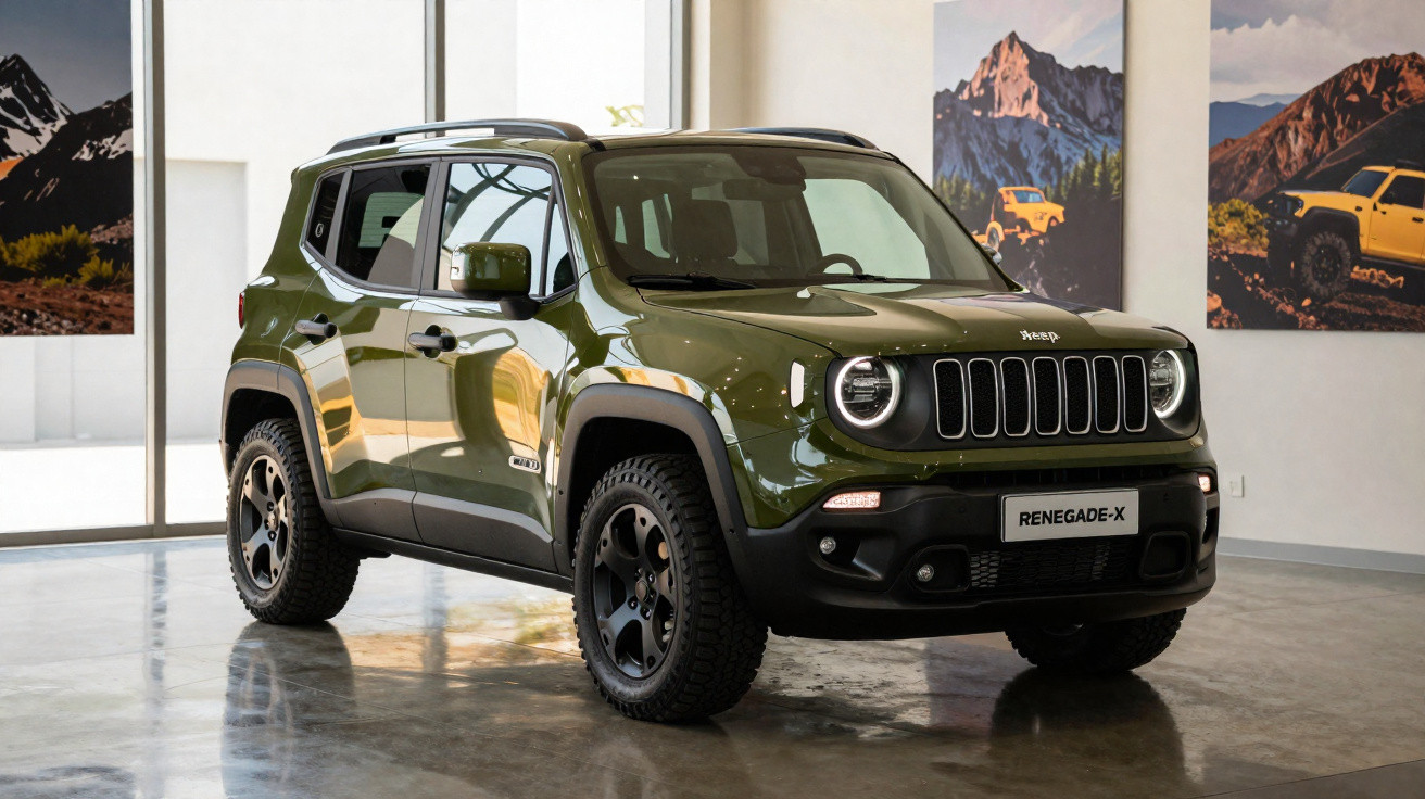 Jeep Renegade-X verde militar exibido em showroom com pinturas de montanhas ao fundo.