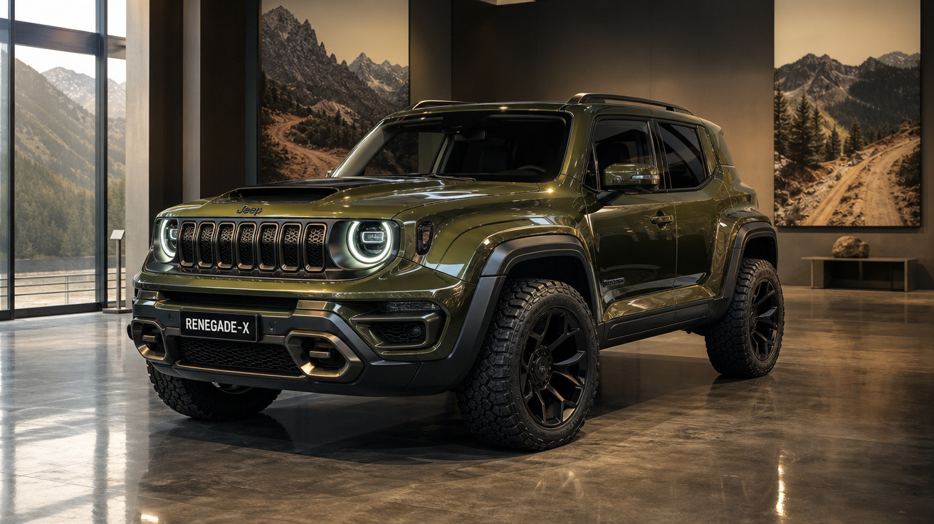 Jeep Renegade-X verde militar em exposição interna com imagens de trilhas nas paredes.