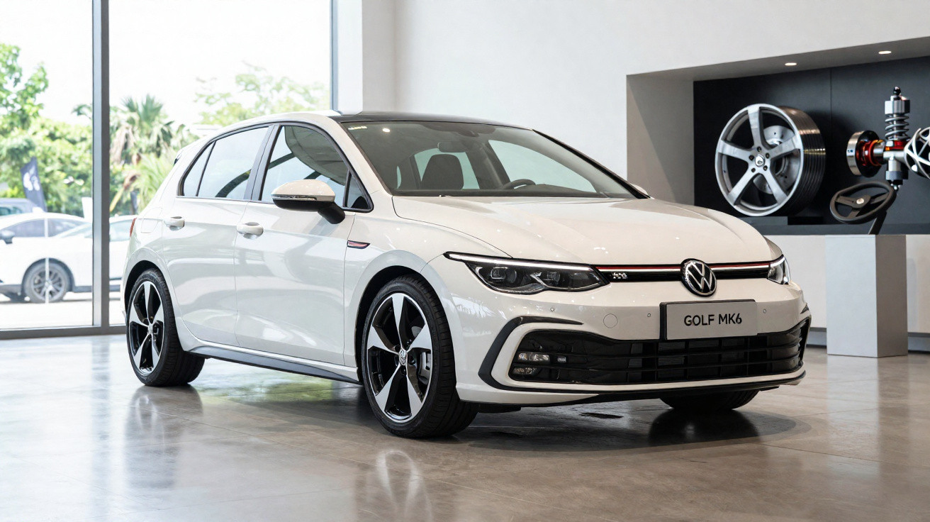 Carro branco Volkswagen Golf MK6 em exibição dentro de showroom moderno e iluminado.